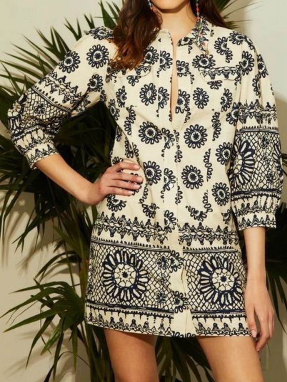 Love the Label Cream Tunic Dress with Navy Floral Embroidery